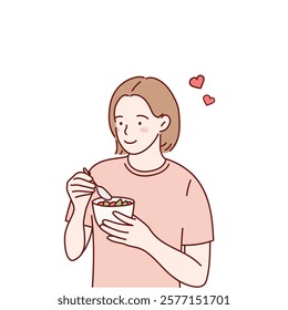 Happy girl on a diet. Proper nutrition. Vector illustration in cartoon style.