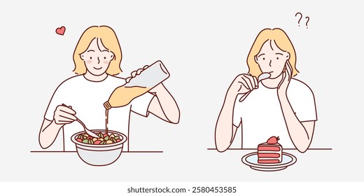 Happy Girl on a Diet. Proper nutrition. Vector illustration in cartoon style.