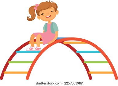 Happy girl on jungle gym. Cartoon kid playground