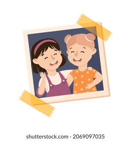 Happy Girl On Photo Card Or Snapshot Sticking On The Wall Vector Illustration