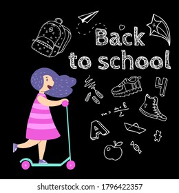 Happy girl on a scooter going to school, modern flat vector illustration. Back to school, blackboard, chalk drawings. Smiling cartoon character.
