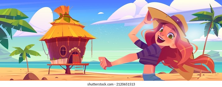 Happy girl on sea beach with bungalow and palm trees. Vector cartoon illustration of beautiful woman and tropical landscape with resort wooden house and ocean sand shore