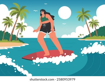 Happy girl on surfboard cuts wave. woman character standing on water board, extreme athlete, summer beach activity, vector illustration