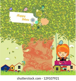 Happy girl on swing with fantasy landscape background. Vector