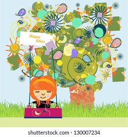 Happy girl on swing with fantasy landscape background. Vector