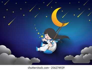 Happy girl on swing in night sky.