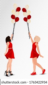 Happy girl on transparent background. Girl with balls. Realistic stylish girl in red dress. Vector illustration.