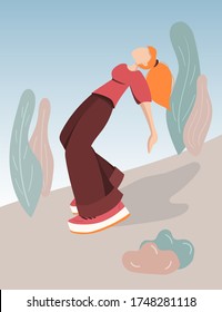 Happy girl on a walk, vector illustration in flat style. A girl in wide pants and sneakers goes down. Girl in motion