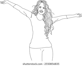 Happy girl with open arm. line drawing