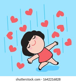 Happy Girl Open Her Arm Widely To The Rain Of Loving Heart Concept Card Character illustration