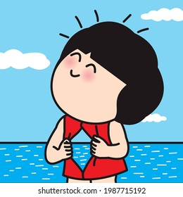 Happy Girl Open Her Empty Heart That Filled With Peaceful Ocean. Empty Of All Thoughts And Let Heart Be At Peace Concept Card Character illustration