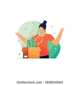 Happy girl opens gift box vector illustration. Smiling woman with surprise box. happy young girl celebration vector Flat style.