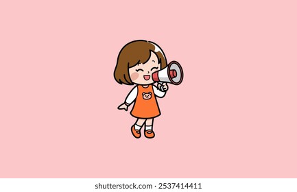 Happy girl in an orange dress speaking through a megaphone.