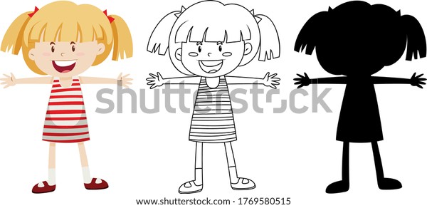 Happy Girl Outline Silhouette Illustration Stock Vector (Royalty Free ...