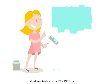 Happy girl with paint roller painting over white wall, vector illustration, horizontal banner.
