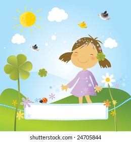 happy girl in the park with clovers, flowers and birds in a spring day. Nice banner for your text.