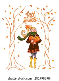 Happy girl in the park with a pumpkin in her hands, autumn in orange tones, holiday, orange leaf, walking in the park, autumn illustration