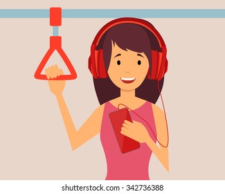 Happy girl passenger listening to the music traveling in the subway. Vector illustration