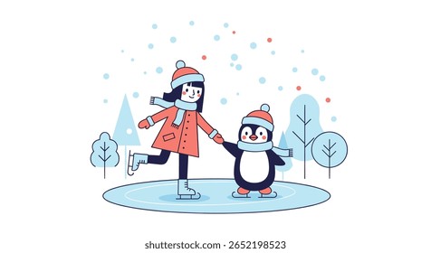 Happy girl and penguin enjoying winter ice skating adventure together outdoor