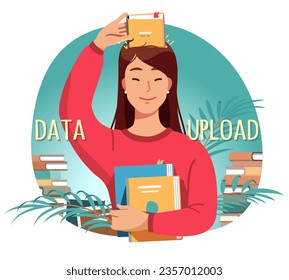 Happy girl person enjoying reading books. Smiling student woman hold inserting textbook in her head. Self education, knowledge, study, literature, learning information concept flat vector illustration