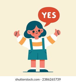 Happy girl person gesturing raising fist up. Yes text and smiling child posing showing victory success gesture. A gesture of agreement. Sign language, emotions expression. Graphic vector illustration 