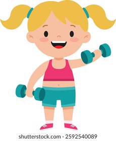 A happy girl with pigtails lifts a small dumbbell, wearing a pink sports top and teal shorts, radiating energy and joy in her workout.