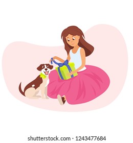 happy girl in a pink dress holds a gift box in her hands and her dog, friend, is sitting beside her. Isolated vector illustration of happy kid and pet.