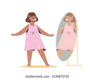 Happy girl in pink dress standing in front of mirror. Cute small kid dressing up for event, trying new clothes at shopping. Cartoon flat vector illustration