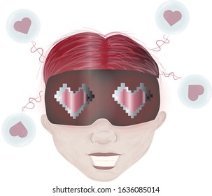 Happy girl with pink hair and virtual reality helmet on head