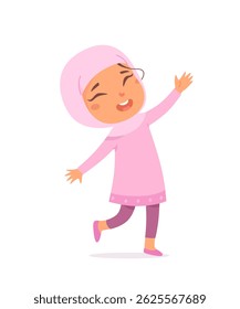 Happy girl in pink hijab and dress. Smiling Muslim child character with raised arms and closed eyes isolated on on white background, dancing or celebrating. Cartoon vector illustration.
