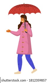 Happy Girl In Pink Raincoat And Blue Pants With Red Dotted Umbrella Walks With Her Hand Out. It Starts To Rain. Rainy Weather Does Not Spoil Mood. Girl Walks In The Autumn Rain. Flat Vector Image