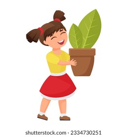 Happy girl with plant in pot. Children help in garden, outdoor activity vector cartoon illustration