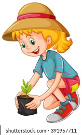 Happy girl planting the tree illustration
