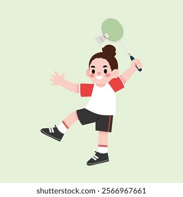 Happy Girl Playing Badminton Active Child Cartoon Illustration Sporty Kid Fun Activity