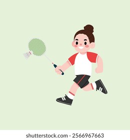 Happy Girl Playing Badminton Active Child Running with Racket and Shuttlecock Cartoon Illustration