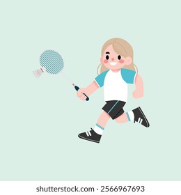 Happy Girl Playing Badminton Active Child Running with Racket Sporty Kid Cartoon Illustration