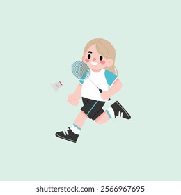 Happy Girl Playing Badminton Active Child Running with Racket and Shuttlecock Sport Illustration