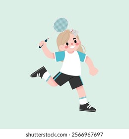 Happy Girl Playing Badminton Active Child Sport Cartoon Illustration