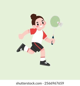 Happy Girl Playing Badminton Cartoon Illustration Active Child Sport Fun