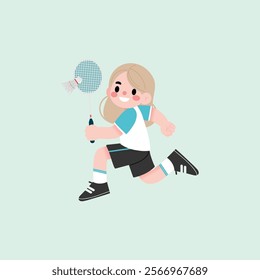 Happy Girl Playing Badminton Child Athlete Running with Racket Sport Illustration