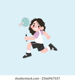 Happy Girl Playing Badminton Energetic Kid Running with Racket Sporty Child Cartoon Illustration