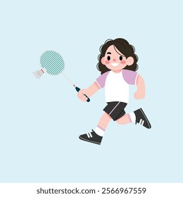 Happy Girl Playing Badminton Running with Racket and Shuttlecock Active Child