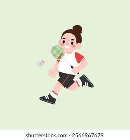 Happy Girl Playing Badminton Running with Racket and Shuttlecock Active Child