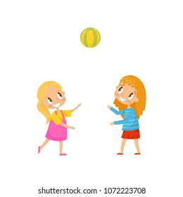 Happy girl playing with a ball, kids on a playground vector Illustration on a white background