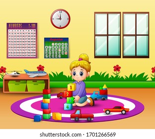 Happy girl playing with blocks toys