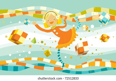 happy girl playing, creative cube game