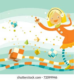 happy girl playing, creativity cube game