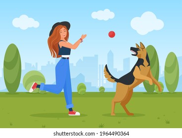 Happy girl playing with dog pet vector illustration. Cartoon young woman character in jeans and hat and shepherd doggy friend jump and play ball in summer green landscape of city park background