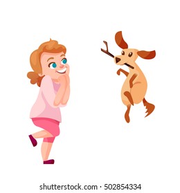 Happy girl playing with dog. Small kid looking at puppy catching a stick. Isolated children vector illustration.