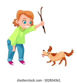Happy girl playing with dog. Small kid looking at puppy and giving it a stick. Isolated children vector illustration.